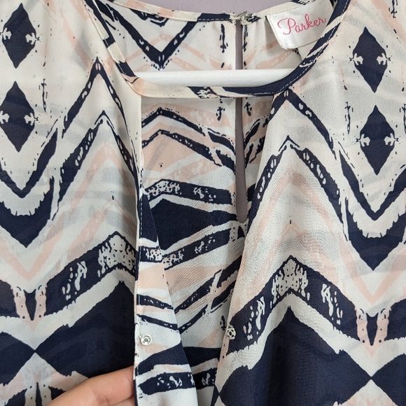 PARKER Silk Faux Wrap Aztec Tribal print Blue White Pink Dress size Small S - Picture 4 of 10